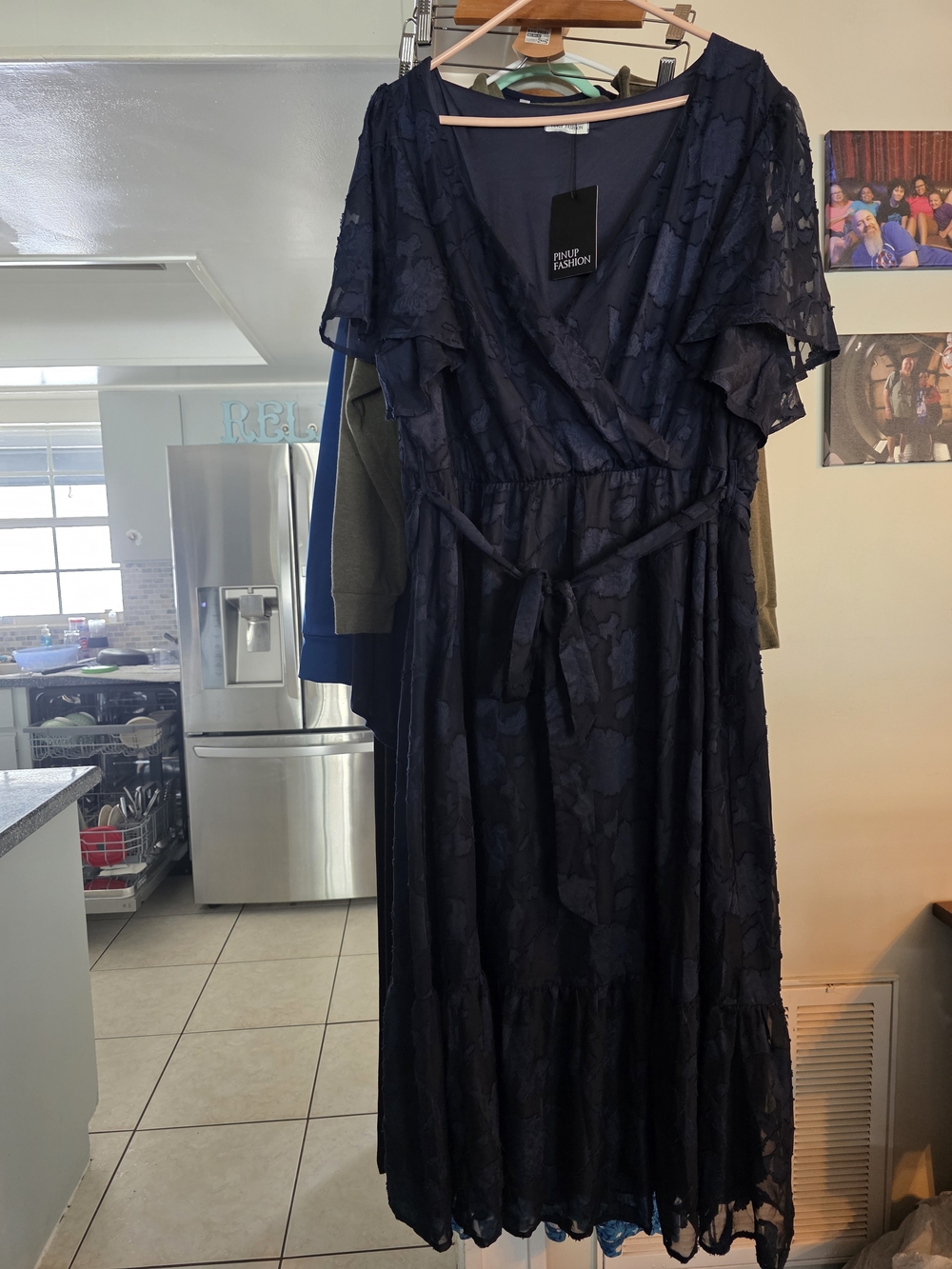 Pinup Couture Navy Lace Wrap Midi Dress with Tie Waist